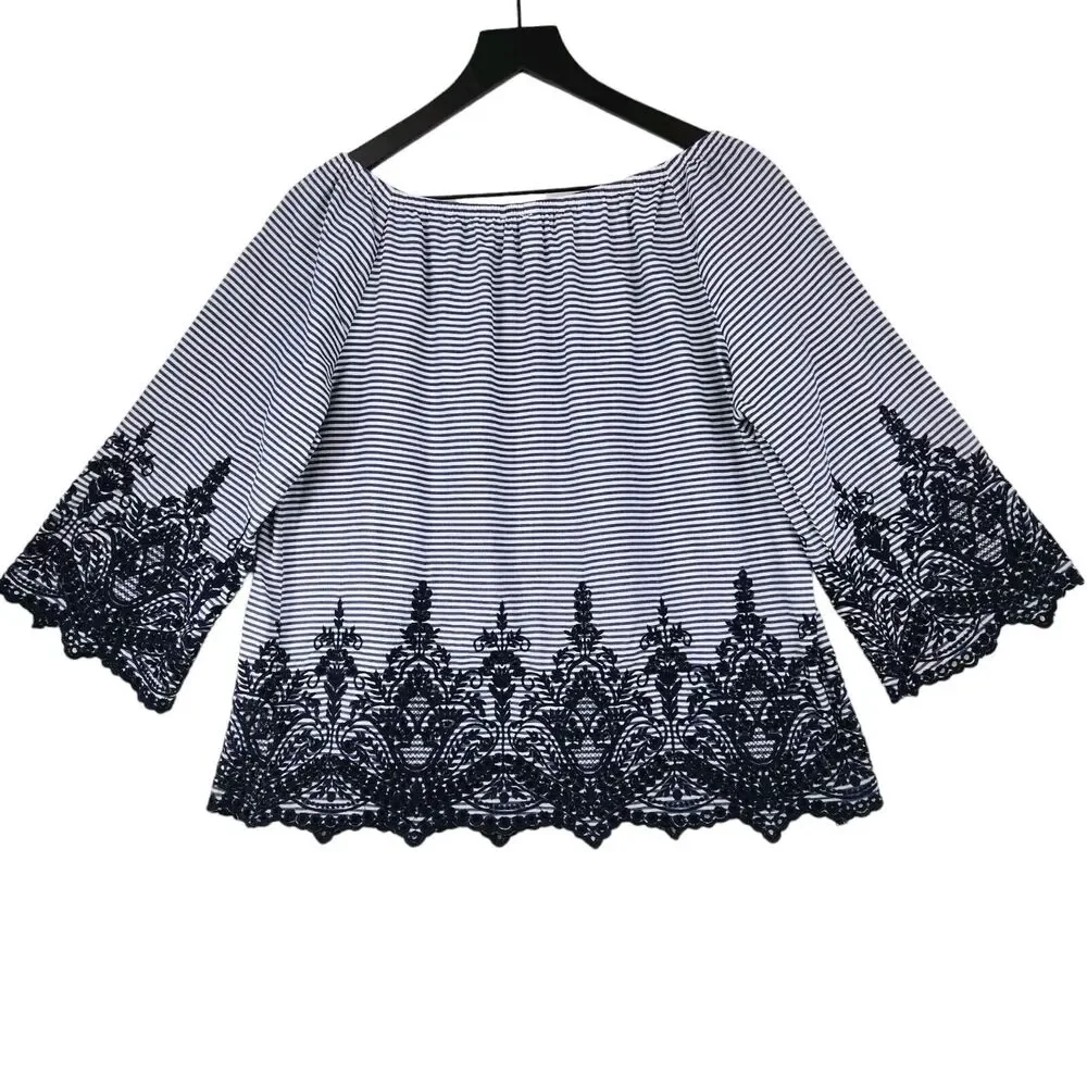 Fever Women's Navy Striped Blouse Large Embroidered Eyelets Boho Peasant Cottage